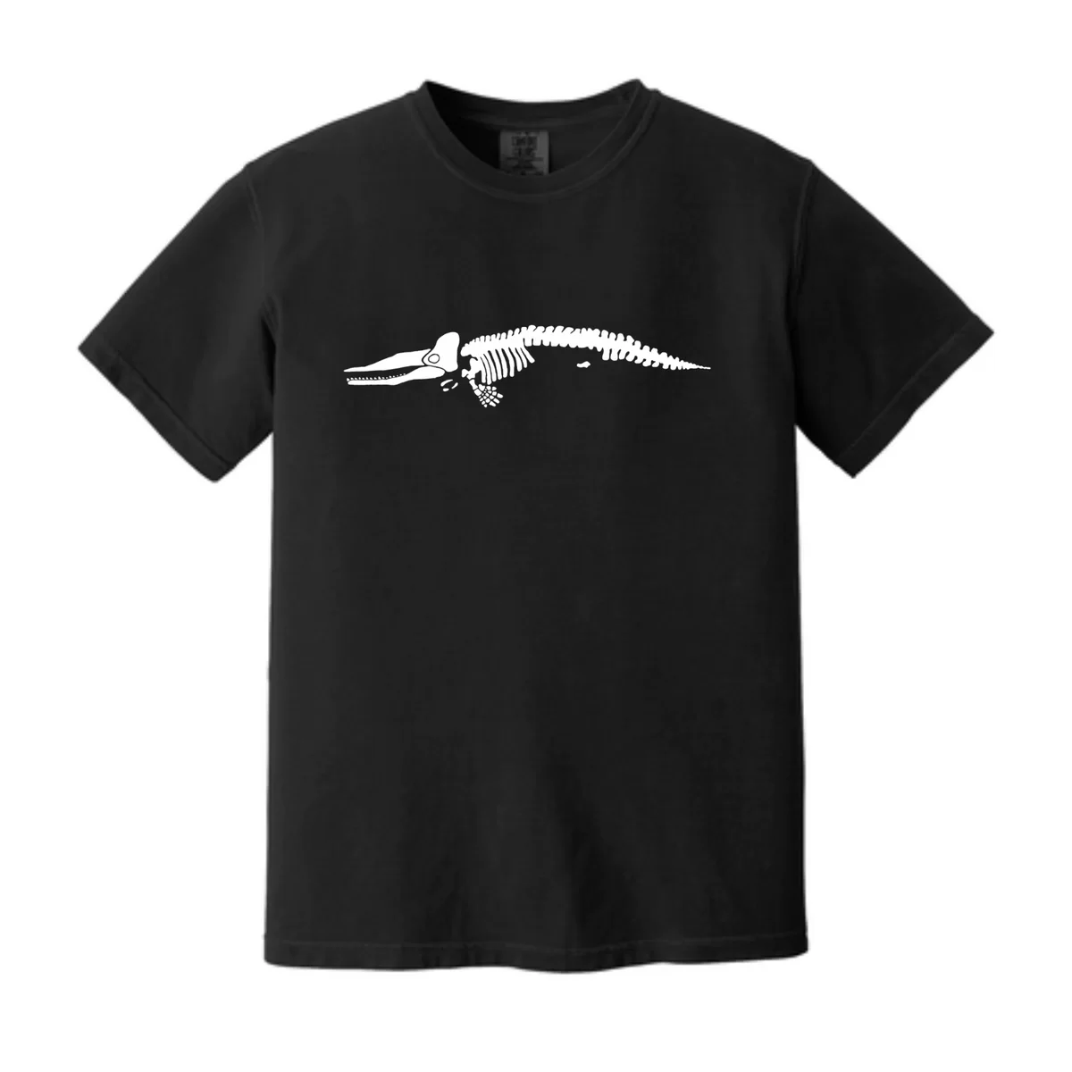 Frente de la camiseta negra con un esqueleto de ballena del New Bedford Whaling Museum
