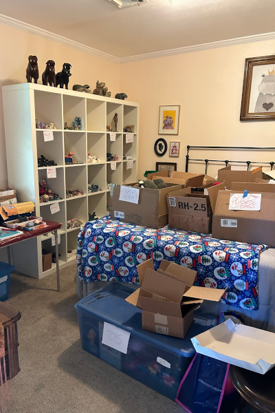 Estantes y cajas con objetos de hipopótamos en la casa de Sheri Lynch.