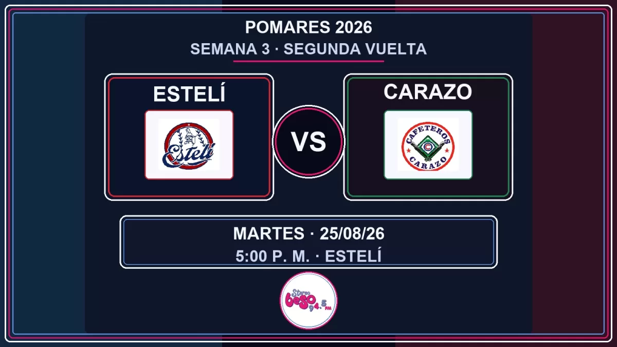 Pomares 2026: hora del Estelí-Carazo y agenda del 25 al 30 de agosto